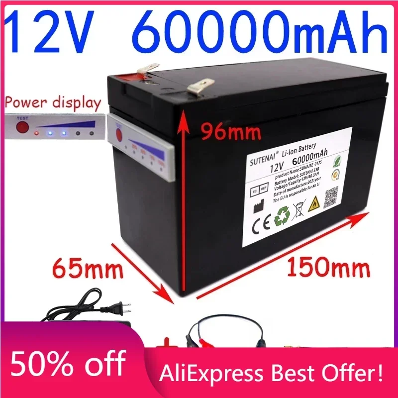 

12V 60Ah 18650 li-ion battery pack 60000mAh 12.6V for Sprayer device backup power ups surveillance camera With 20A Balanced BMS