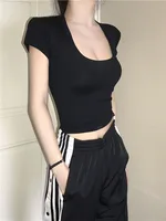 U-Neck Crop Top Solid Color Women Casual High Waist T Shirt Basic Sexy Streetwear Short Sleeve Slimming - Image 3