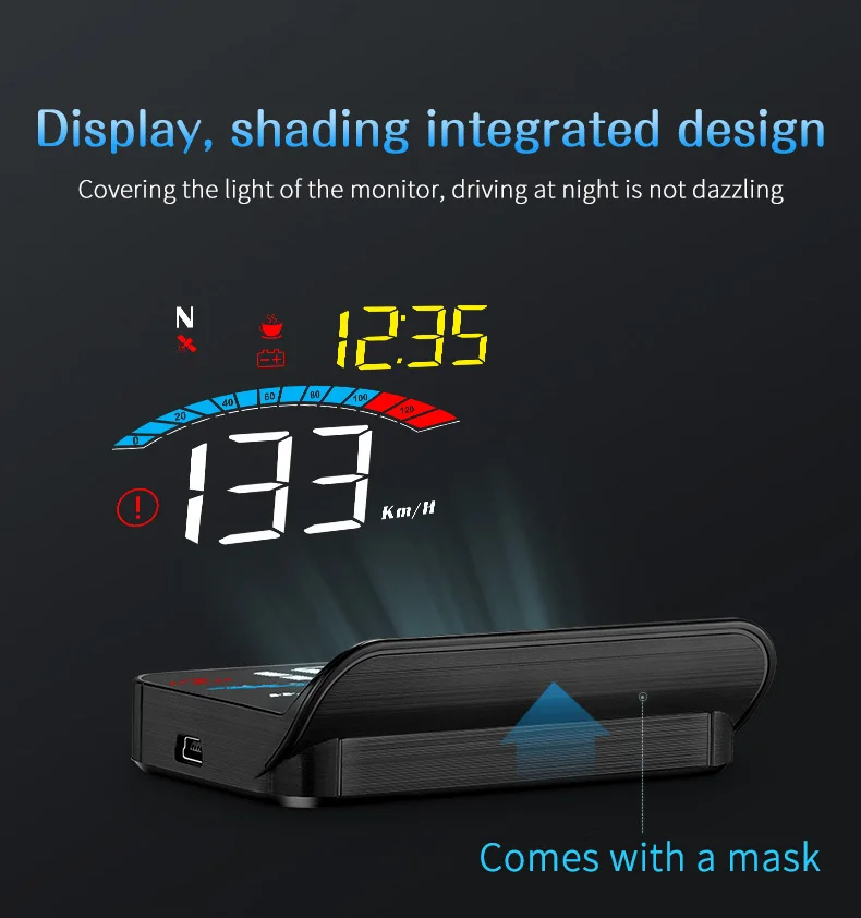M16 HUD, Design integrates display shading to prevent glare at night while driving, with a speed of 235 km/h.