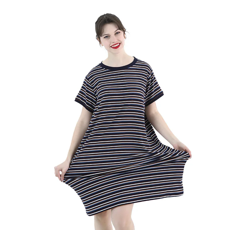 

Plus Size 6XL 7XL Female Nightdress Nightwear Summer Short Sleeve Stripe Nightgown Sleepwear Casual Loose Home Dress Loungewear