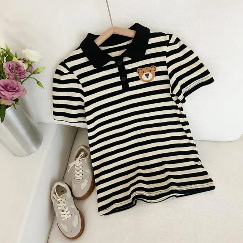 

2024 Summer Kids Dress Baby girl turn-down collar striped T-shirt Dress Girls cartoon embroidery student dress