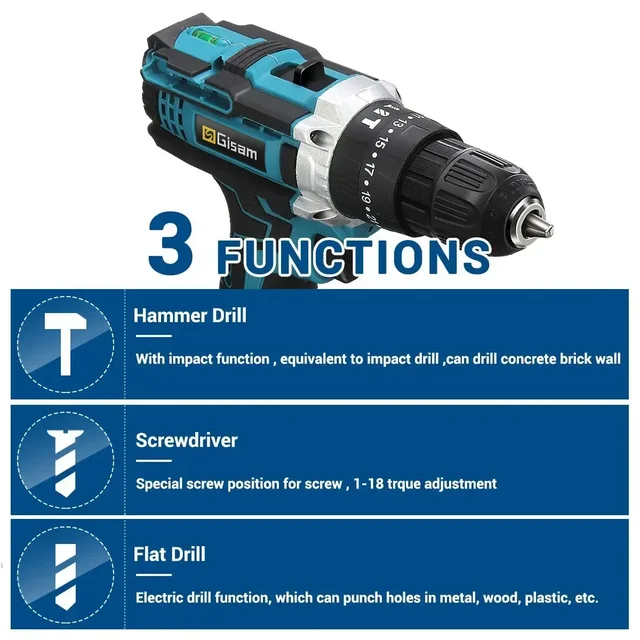 Gisam Battery Impact Screwdriver Multifunctional Cordless Drill Power Tool 25+3 Torque Setting 2 Gear Speed Electric Screwdriver 3
