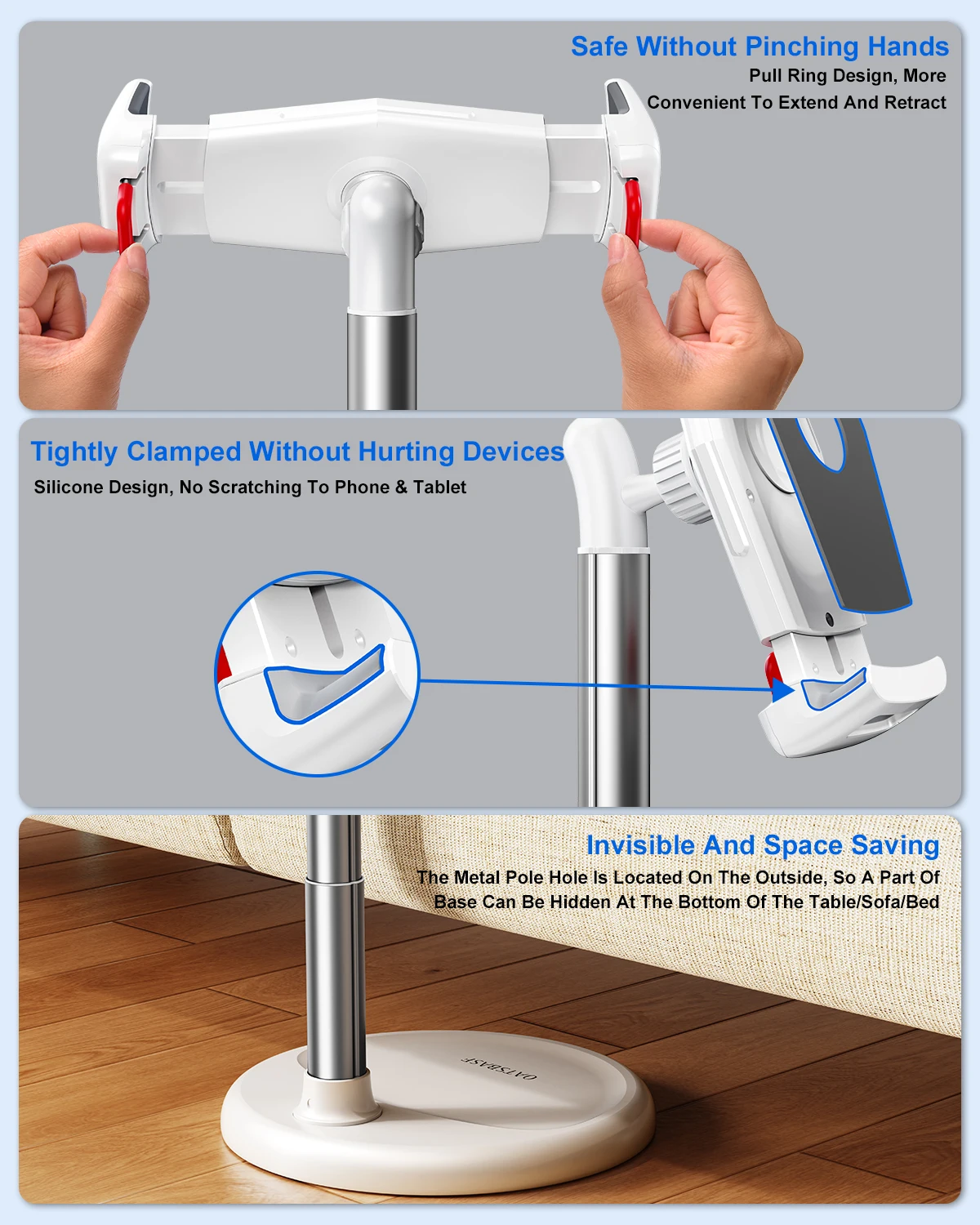 Eary Tablet Phone Floor Stand With 360 Rotatable Height Adjustment Non-Slip Stable Metal Base Phone Clip Holder Desk Accessories