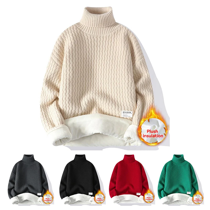 

2023 Winter Fleece Turtleneck Sweater Men Warm Knit Pullovers Mens Casual Knitted Sweaters Solid Color Turtleneck Knitwear Man