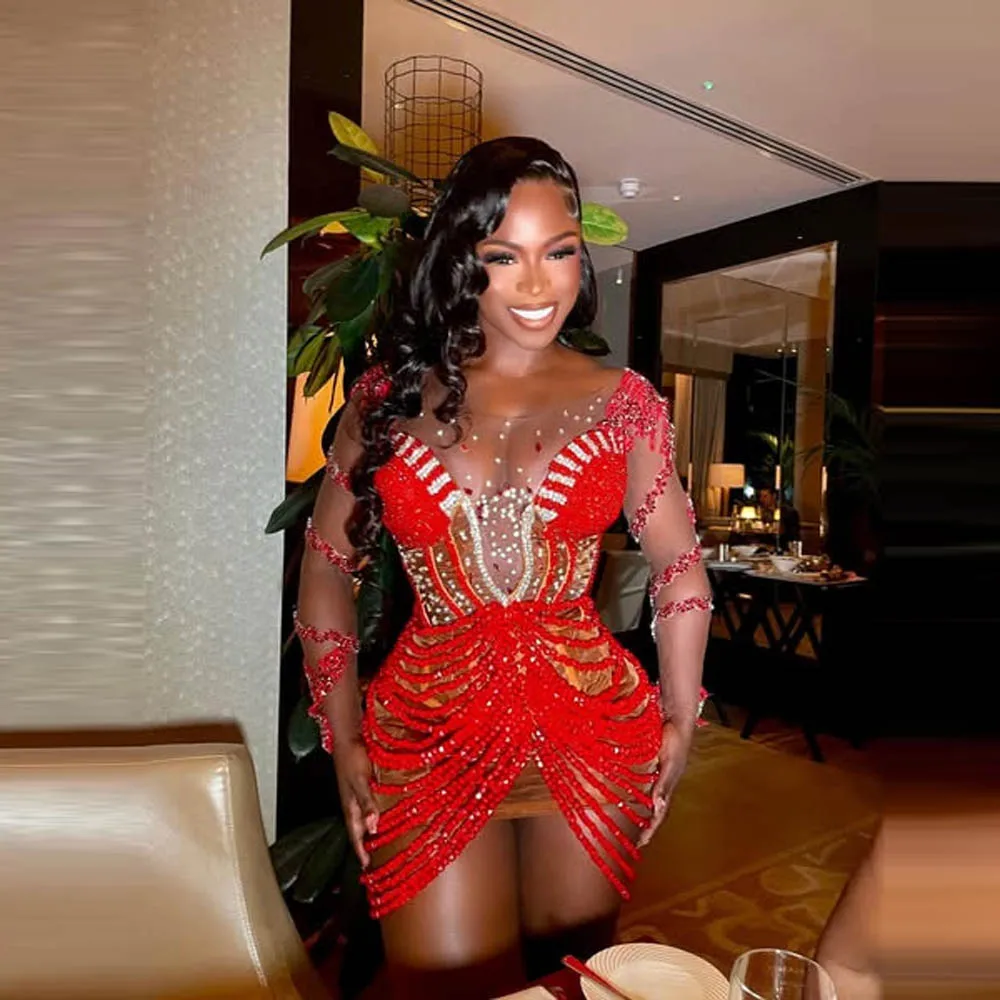 Luxury Women Birthday Party Dresses Illusion Major Beads Pearls Short Prom Dress Illusion Long Sleeves Wedding Reception Dress
