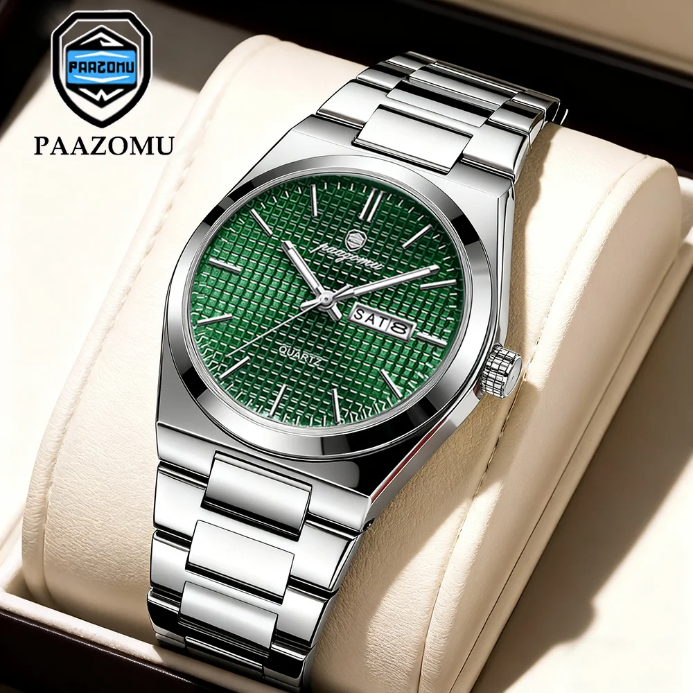 PAAZOMU Luxury Men Watch Date Week Waterproof Luminous Stainless Steel Watch For Man Casual Quartz Men's Watches Male Sport+Box