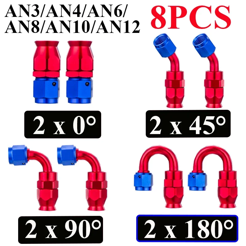 

8Pcs AN3 AN4 AN6 AN8 AN10 AN12 Straight 0 45 90 180 Degree Reusable Hose End Fittings Adapter For Swivel PTFE E85 Oil Fuel Line