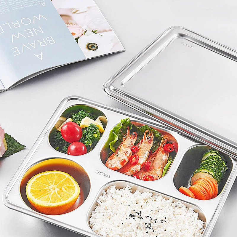 304 Stainless Steel Dinner Plate Square Thickened Deepening Children Students Lunch Box Tableware 1pc