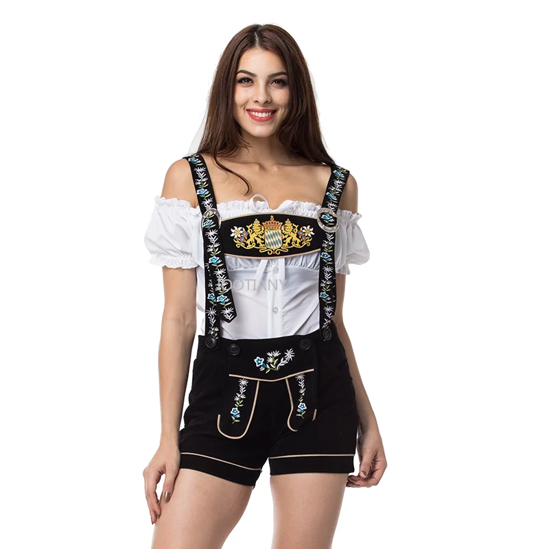 

2024 Embroidered Lederhosen Suspenders Cosplay Set German Bavarian Nation Traditional Oktoberfest Uniform Waitress Party Dress