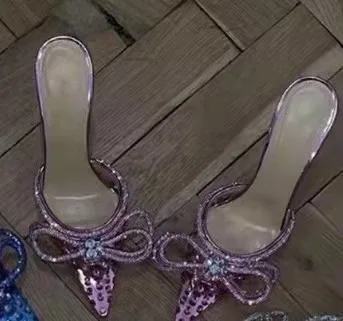 Foreign Trade Bow Knot Rhinestone High Heels, Shallow Mesh, Large Size, Thin Heel, Pointed Back, Empty Slippers for Women