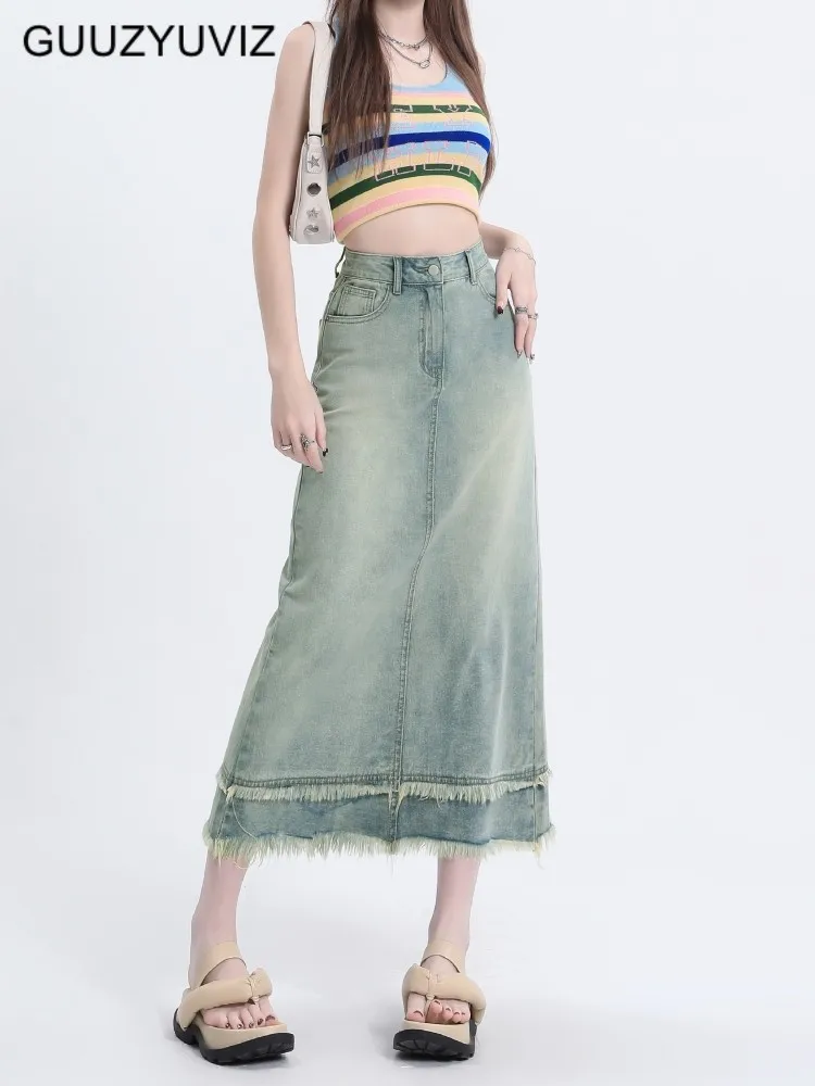 

GUUZYUVIZ Tassel Vintage A Line Jean Skirts For Ladies Summer