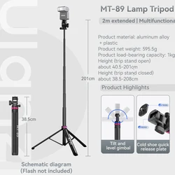 Portable Universal Aluminum Tripod and Lamp Holder with Fill Light (MT-89 NEW Version)