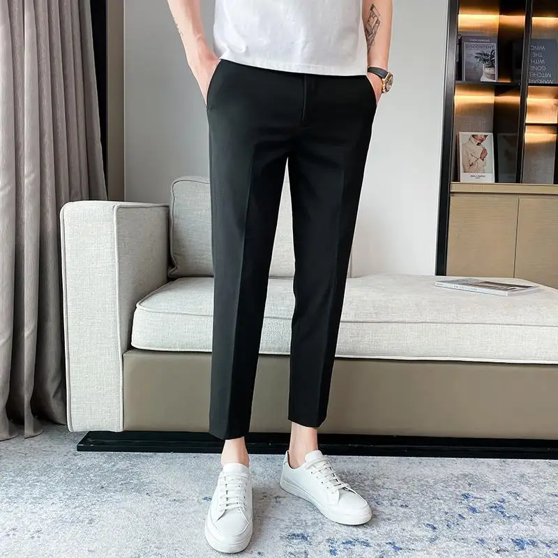 2024 Spring and Summer Fashion Trend Simple Casual Business Versatile Solid Color Elastic Waist Ankle Length Suit Pants for Men