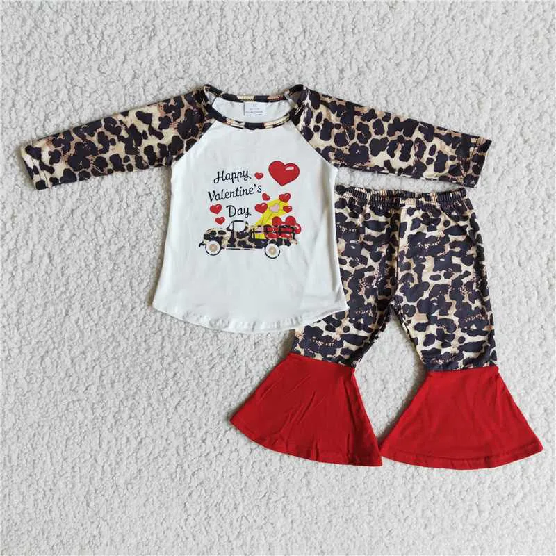 

New Spring Arrival Kids Valentine's Day Heart Truck Leopard Pants Set Boutique wholesale Baby Girls Children Clothing Outfits