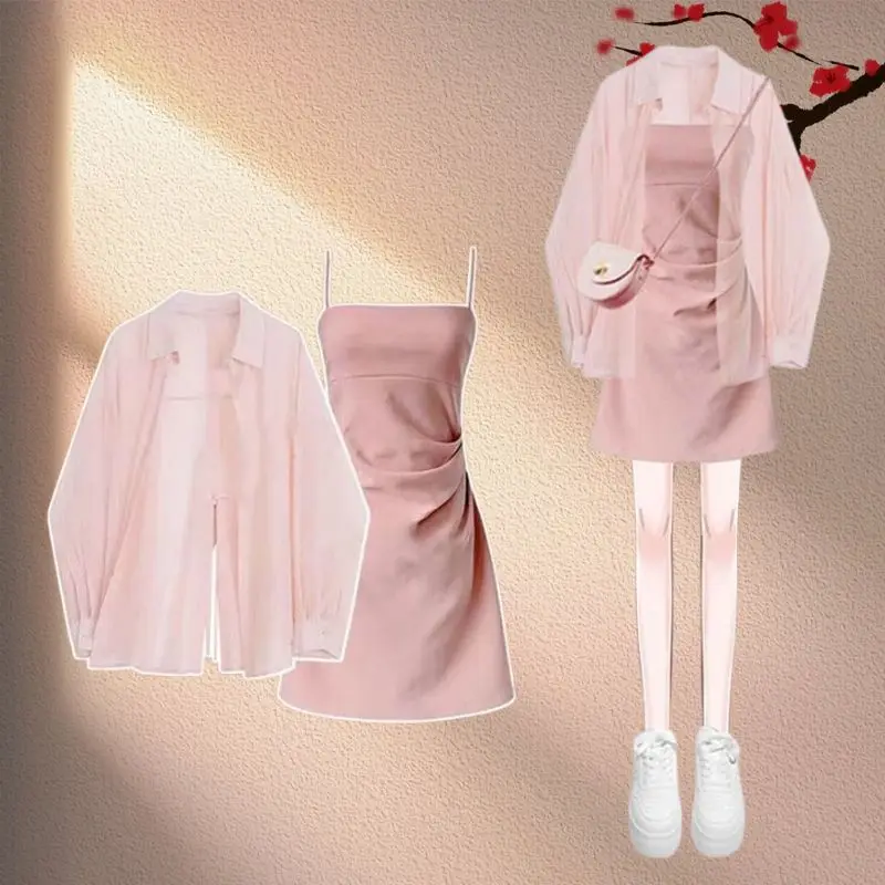Summer Dopamine Dressing Set for Women's 2024 New Western-style Sunscreen Shirt with a Two-piece Suspender Dress
