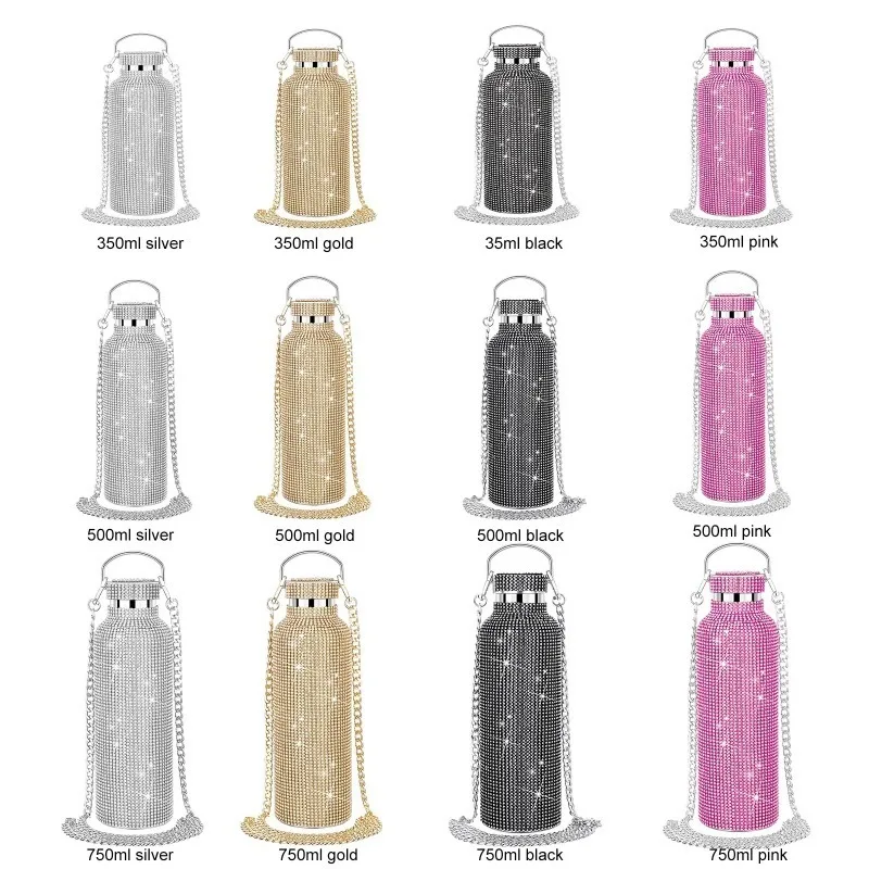 Borraccia Termica Glitterata Bling Diamond 500ml Con Catena, Acciaio Inox Rosa, Mantiene Caldo/Freddo 6-12h