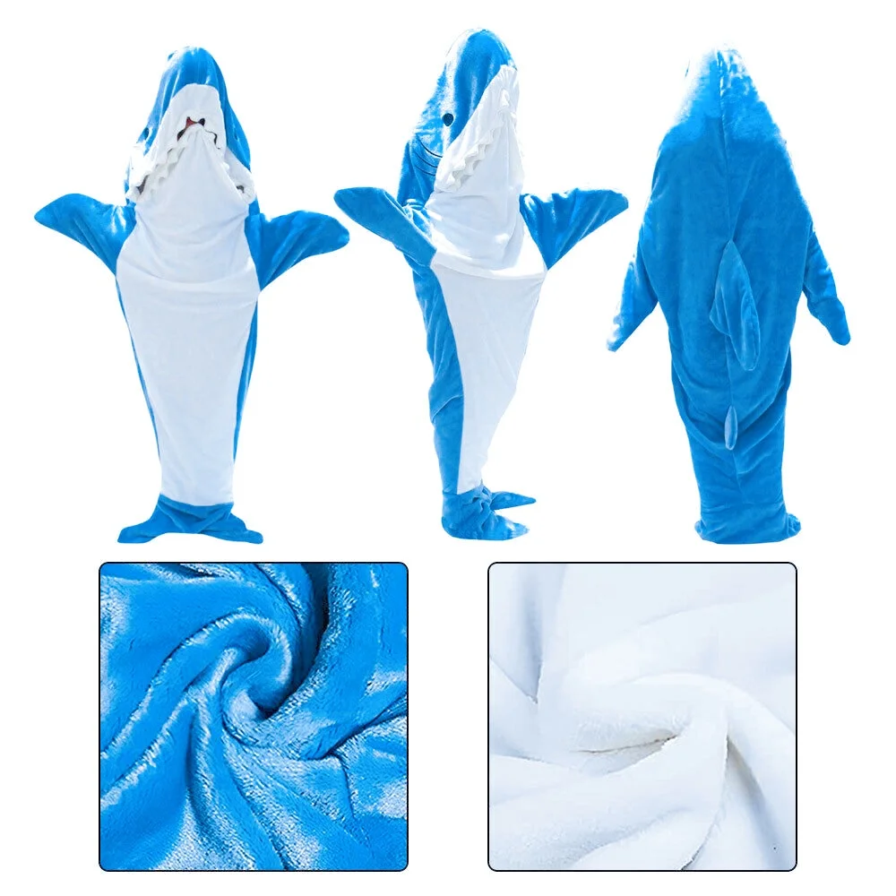 Cartoon Shark Pajamas Playsuit Kids Parents Hooded Warm Flannel Blanket Pajamas Homesuit Funny Homewear For Slumber Party Children Pajama Set