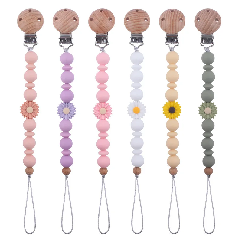 Handmade Silicone Flower Beads Baby Pacifier Chain Beech Wood Teether Nipple Clip For Baby Teething Nursing Chew Toy Shower Gift 2