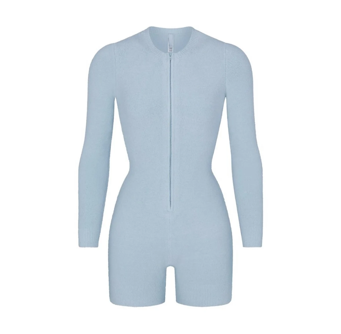 Blue Knitted Long-Sleeved Jumpsuit Light Luxury Plush Home Wear One-Piece Shorts