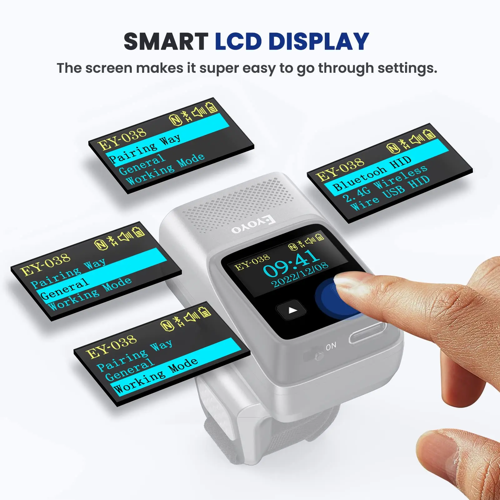 Eyoyo EY-038 Ring Barcode Scanner with Screen 1D Laser/2D Mini Wearable Bluetooth Finger QR Code Reader Support Screen Scanning
