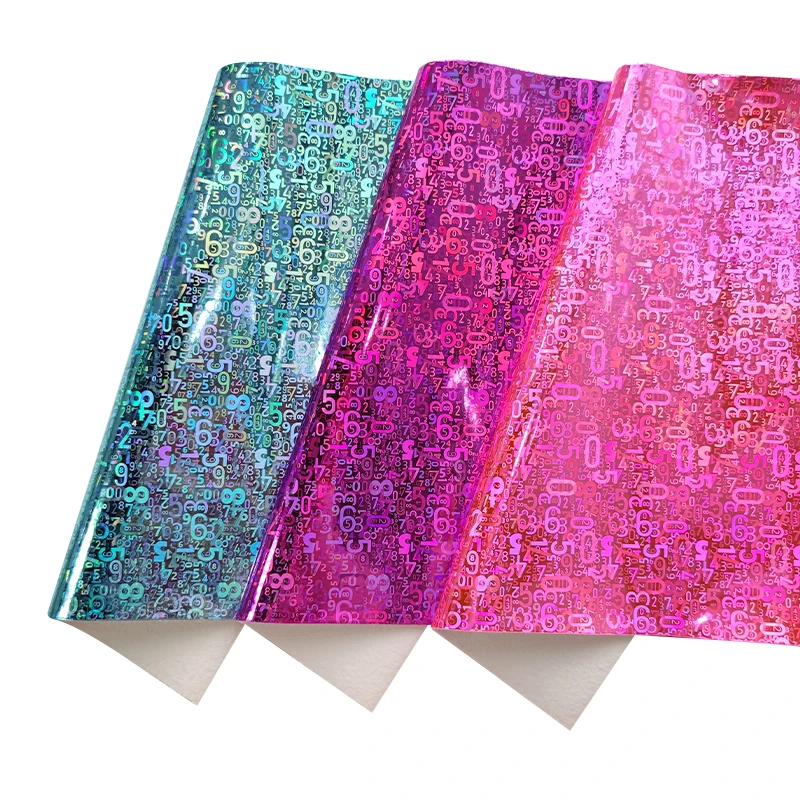 

Holographic Glossy Arabic Numerals Digital Designs PU Faux Leather Sheets Fabric for Making Bag Decoration Craft 46x135cm