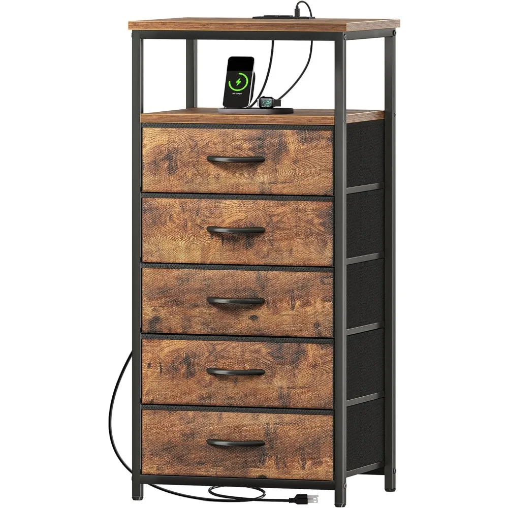 

Modern Nightstand with Charging Station, 5 Drawers with Open Shelf, Tall Night Stand