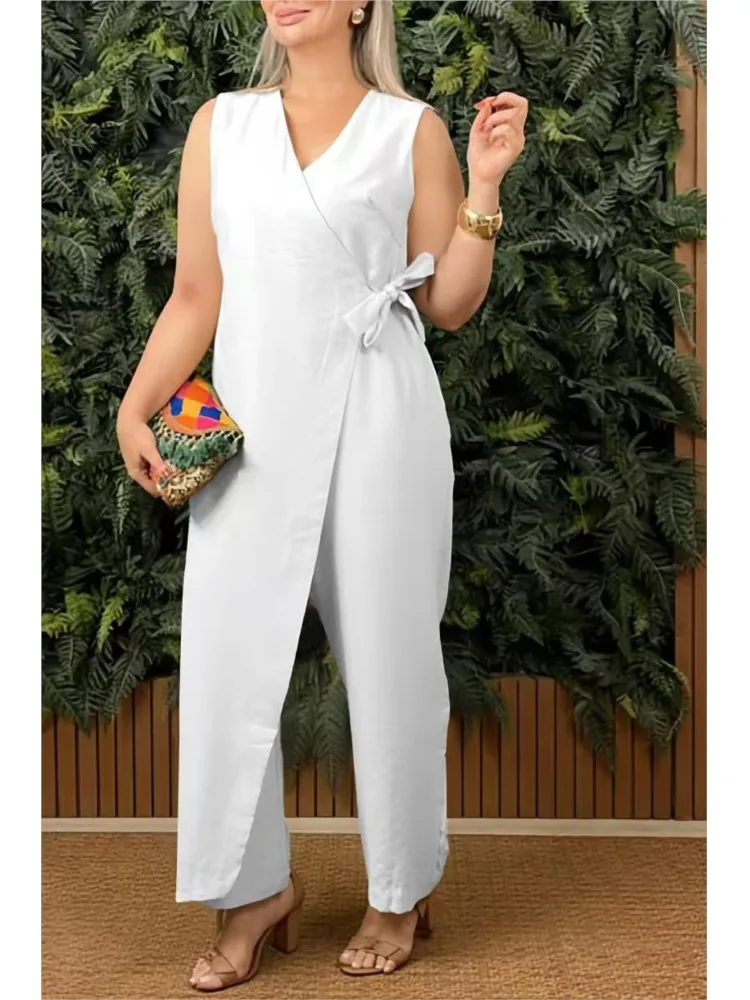 White Summer Jumpsuits Casual Female Casual Jumpsuit V-Neck