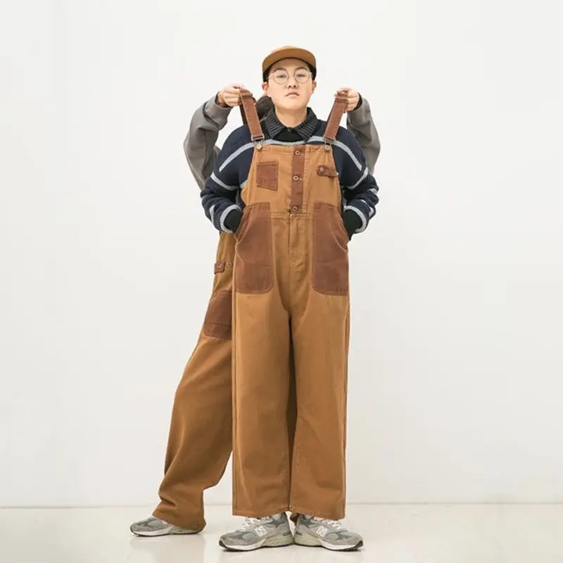 Men Clothing Japanese Retro Orange-brown Color Matching Neutral Overalls Two-sided Couple Loose Straight Overalls