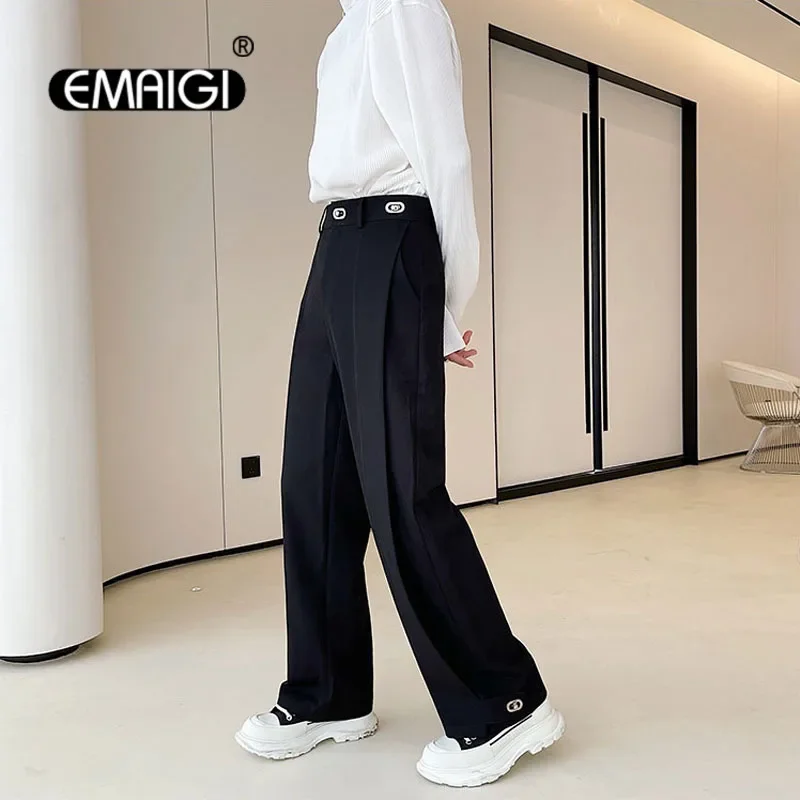 

Men Mechanical Metal Buckle Streetwear Fashion Casual Straight Suit Pant Korean Style Vintage Youthful Trousers Black Pants Man
