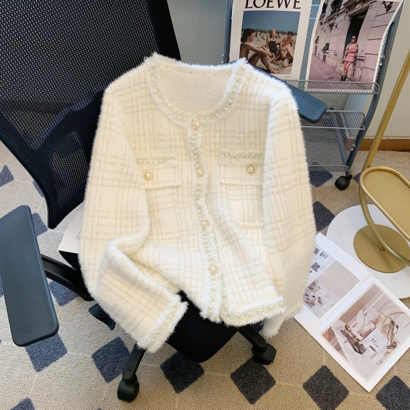 

Mingyuan Dingzhu Sweater O-Neck Small Fragrant Style Cardigan Women's Autumn/Winter New Loose Design Felling Knitted Top