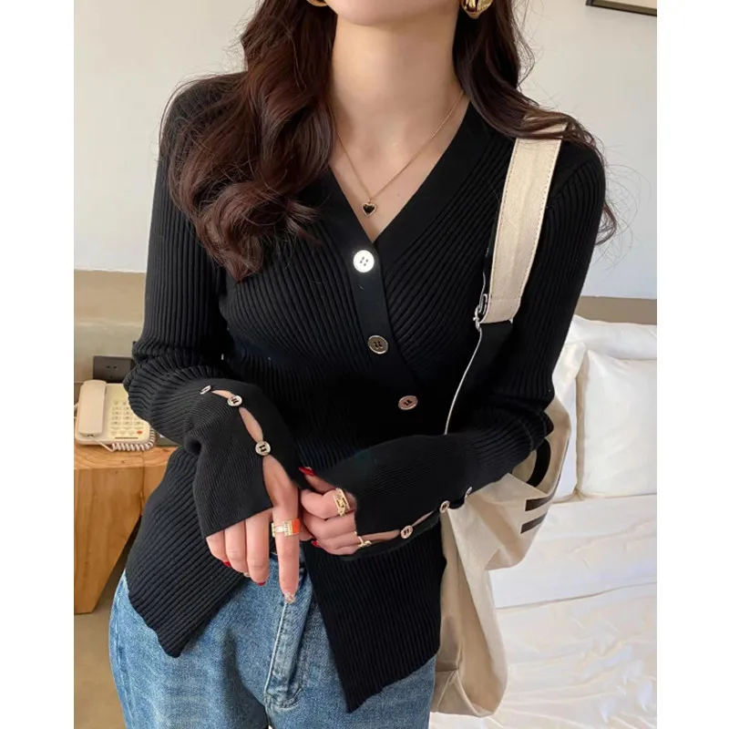 Irregular Sweater with Bottom Shirt Inside Women's Autumn and Winter High-end Sense Slim and Thin V-neck Knitted Sweater Top