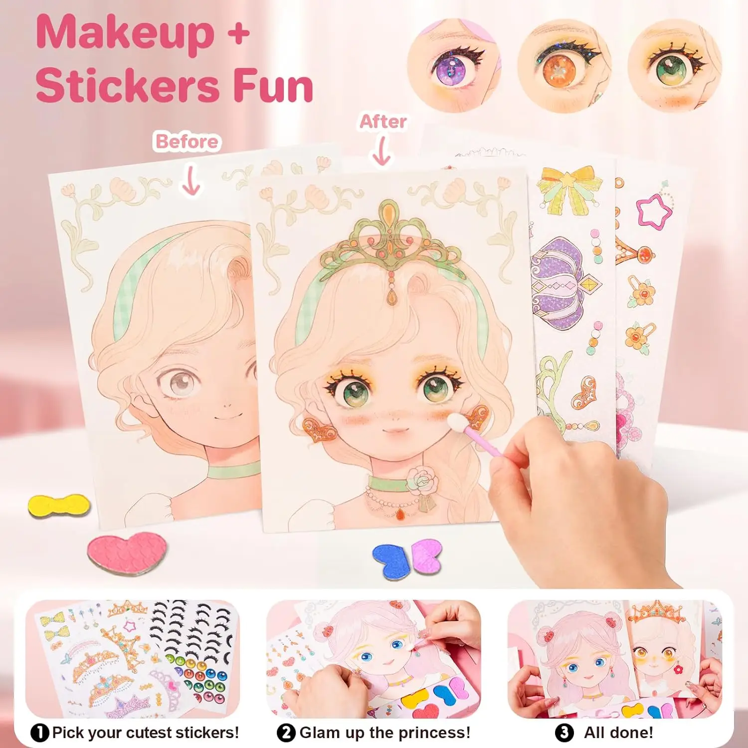 4 in 1 Magic Paper Makeup Fun Kit for Girls Brush Eyeshadow Play on Paper Crafts,Princess Diamond Painting Gifts Toys for Girls