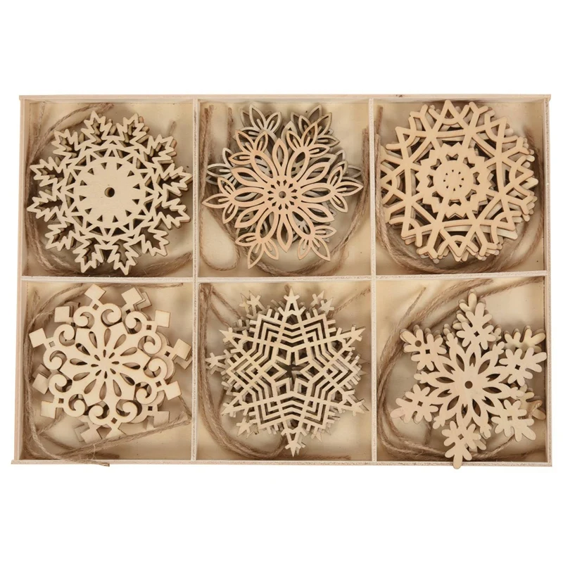 

24PCS/Box Vintage Snowflake Christmas Wooden Pendants Ornaments Christmas Tree Ornaments Christmas Decorations Gifts