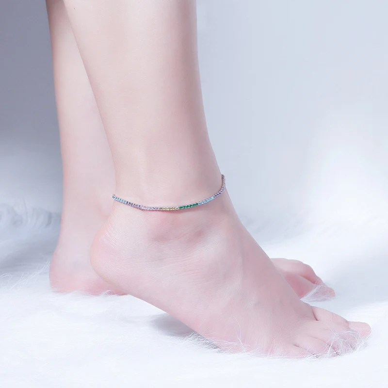 KISS MANDY 925 Sterling Silver AAAA Zirconia Full Paved Tennis Anklet Rainbow Colors Anklet for Girls Woman Ankle Chain SA04