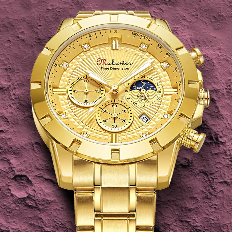 

Gold Watch for Men Warterproof Sports Mens Watch Top Brand Luxury Clock Moon Phase Male Quartz Wristwatch All Pointer Working