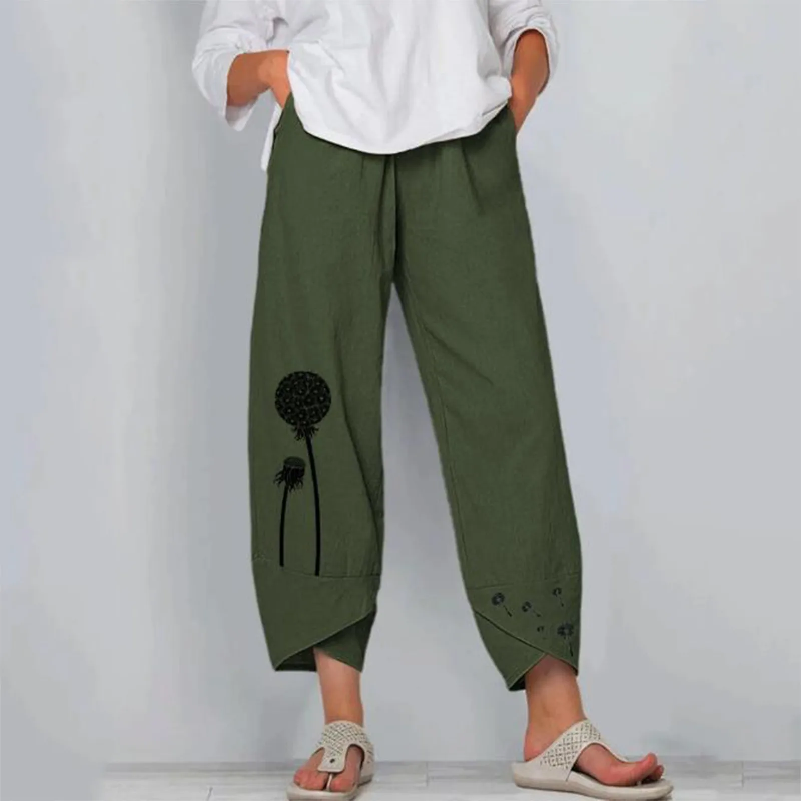 2022 Women Pants Fashion Cotton Linen Print Elastic Waist Trousers Female  Plus Size Ankle-length Trousers Summer Casual Pants
