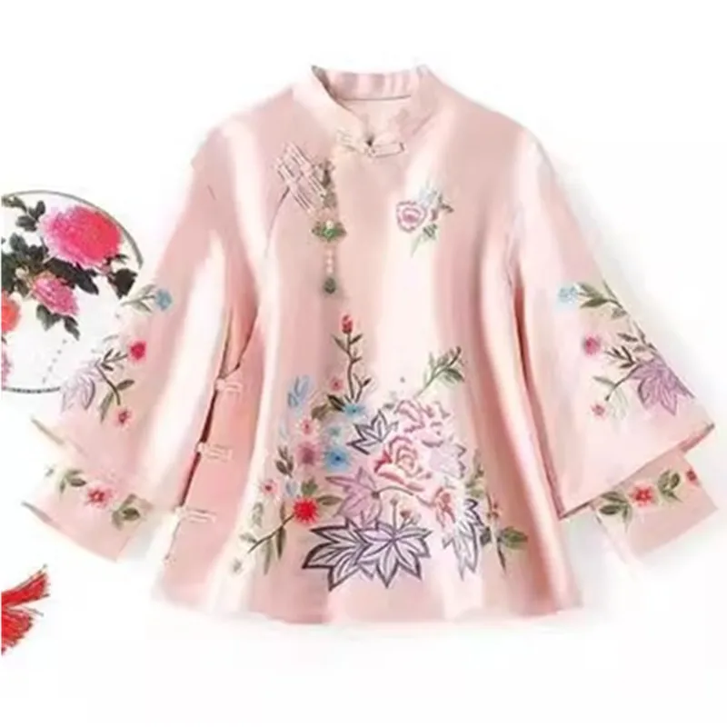 Blouse Eleganti Loose Female Shirt Autumn Ethnic Style Tang Suit Coat Vintage Harajuku Embroidery Chinese Tops Women