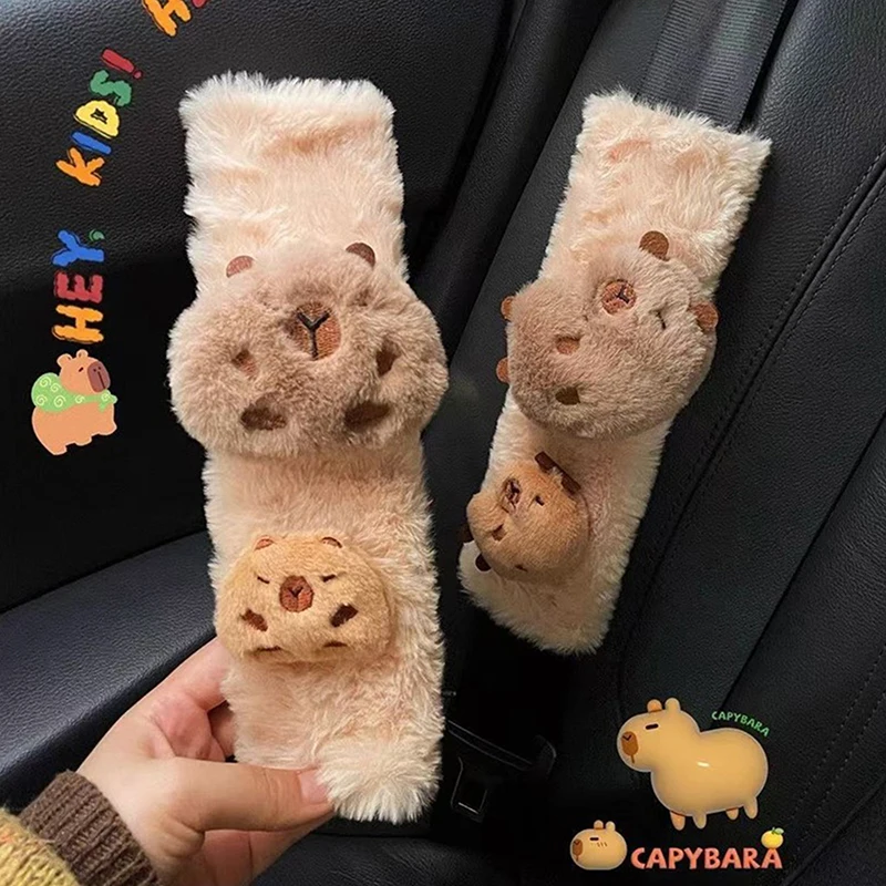 Soft Plush Capybara Car Seat Belt Cover Warm Cartoon Seat Belt Shoulder Pad Kawaii Comfortable Protector Car-styling
