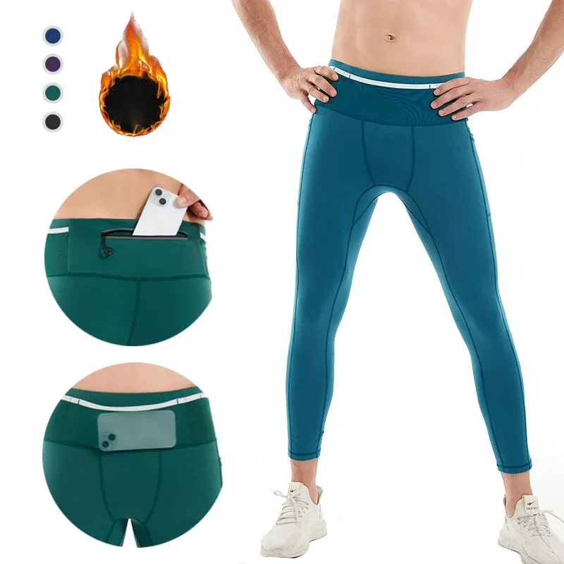 Fleece-Lined Nylon Marathon Running Compression Tights Leggings Men Jogging Fitness Training Sport Pants with Wrap Around Pocket