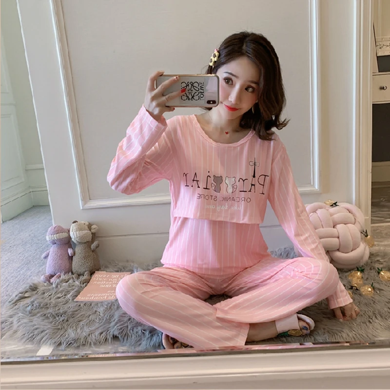 Women Nursing Pyjamas Homewear Spring Autumn Maternity Pajamas Set Cute Breastfeeding Clothes Long-sleeved Pregnancy Sleepwear 3