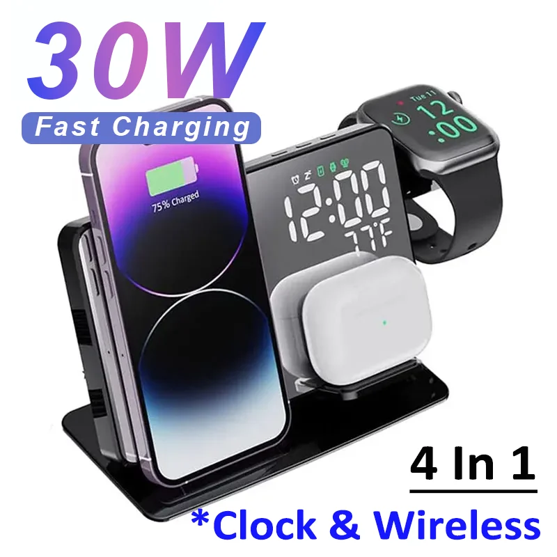 30W Fast Wireless Charger Dock Station For iPhone 14 13 12 11 XS XR X 8 Apple Watch 8 7 6 SE AirPods 3 Pro Phone Charging Stand wireless charger