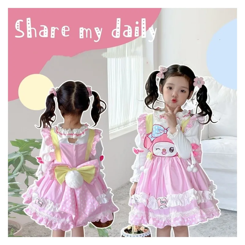 

Anime Sanrios Children's Princess Dress Cartoon My Melody Cute Girls Sweet Long Sleeve Dress Two Piece Kids Party Birthday Gift