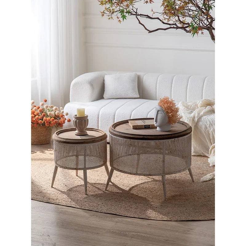 Rustic Round Coffee Table Set, Pine Wood Top with Cut-Out Iron, Space-Saving Design for Small Apartments