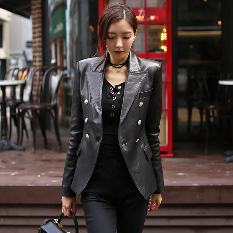 buttoned faux leather blazer