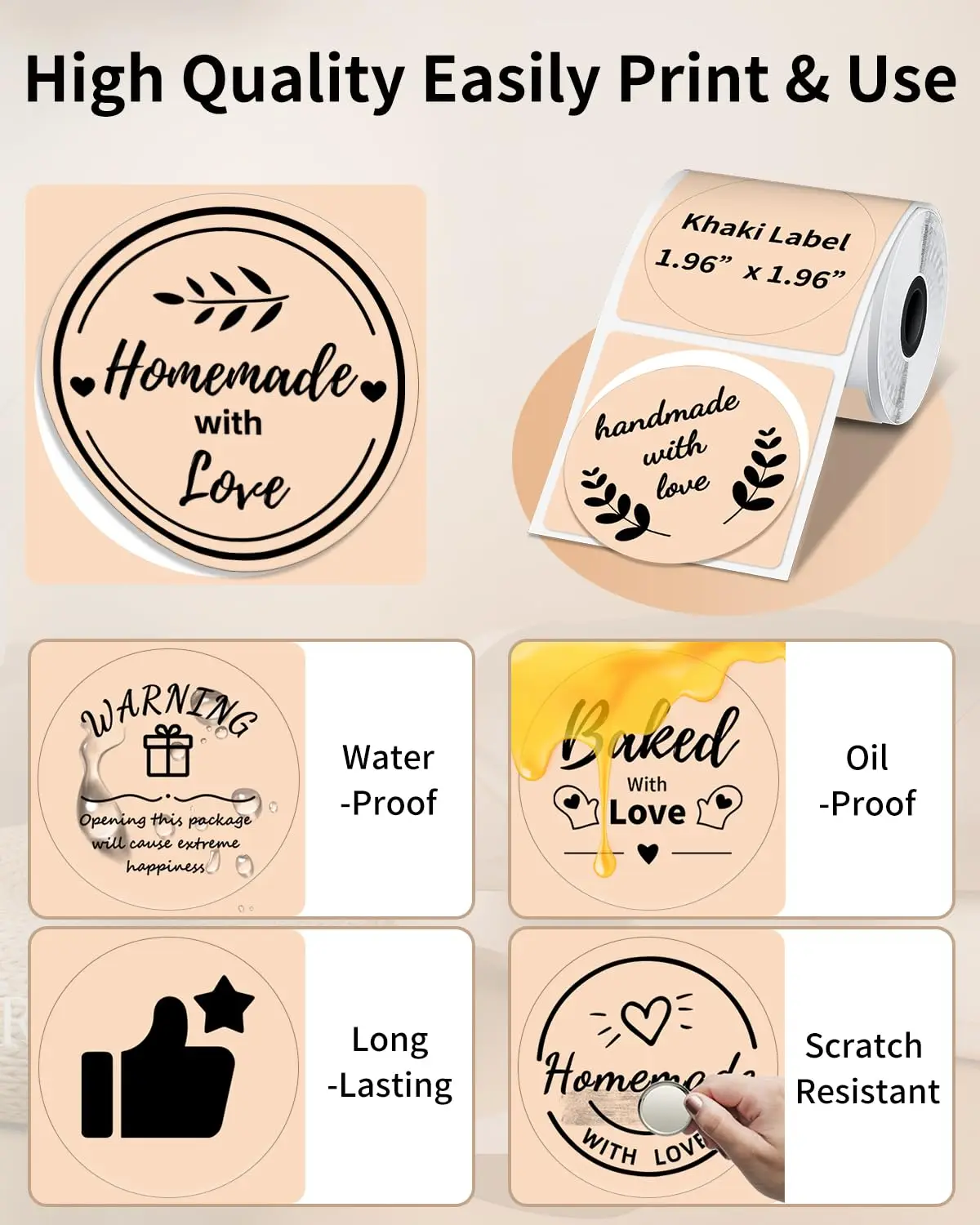 50×50mm Round Self-Adhesive Heat Sensitive Stickers for DIY Logo, Jar Labels, Name Tags - Compatible with P50, D100, D200, M110