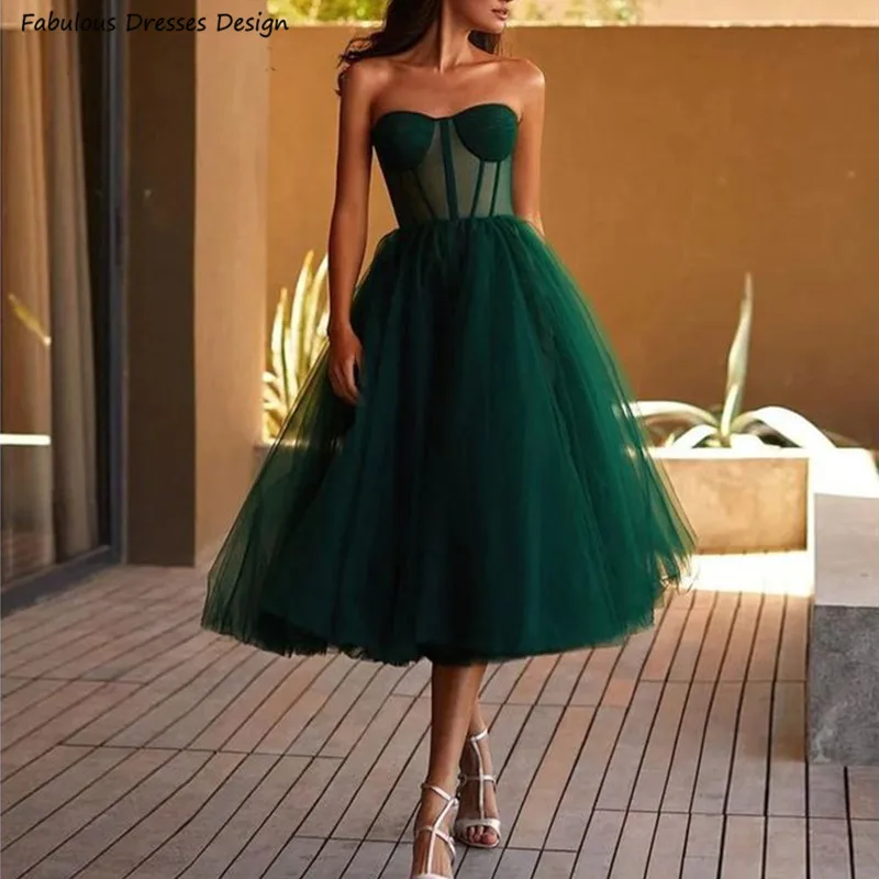 

Dark Green Tulle Women's Ball Gown Tea Length Strapless Lace Up Back Evening Dress Illusion Wedding Guest Dresses Party