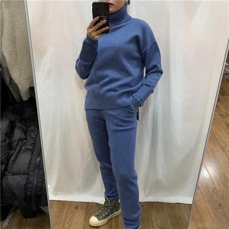 2023 Winter Women 's Suit Fashion Cashmere Loose High Neck Solid Color Pocket Irregular Sweater And Knitted Pants 2 Piece Set