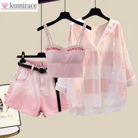 Fashion Tie-dyed Shorts Sunscreen Plaid Shirt Pink Bra Three-piece Elegant Women's Pants Set Summer Outfits Tracksuit for 2025