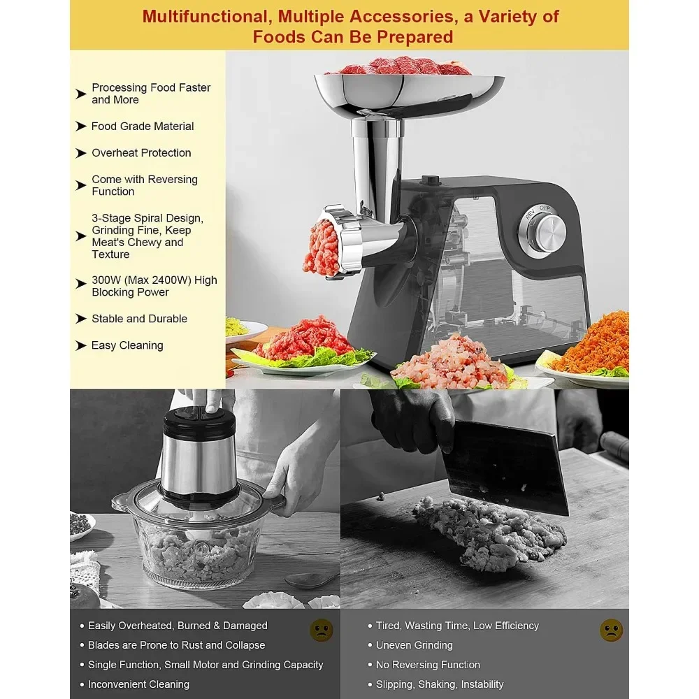 Meat Grinder, 2500W Max Meat Grinder Electric w/Stainless Steel Blade, 3/5/7 Grinding Plates, Sausage Stuffer Tube & Kibbeh Kit 3