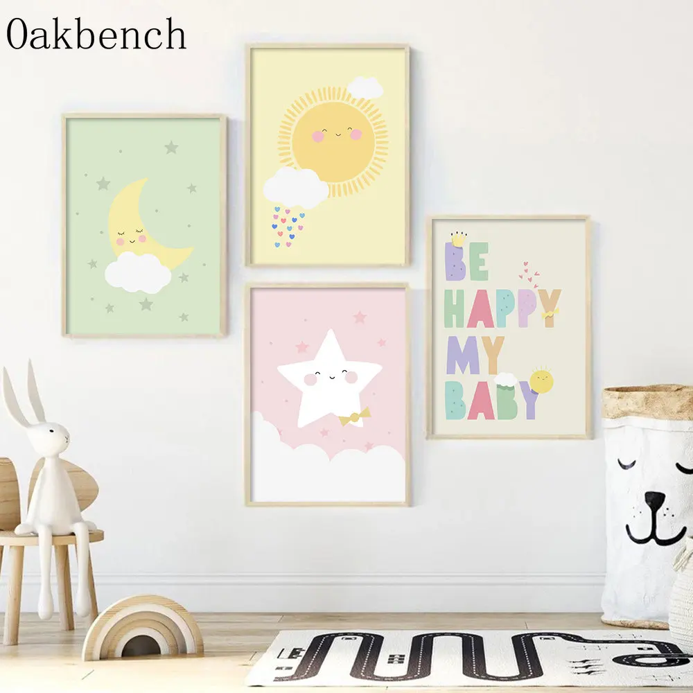 

Sun Cloud Canvas Painting Moon Star Painting Poster Be Happy Print Pictures Nordic Poster Nursery Wall Posters Kids Room Decor